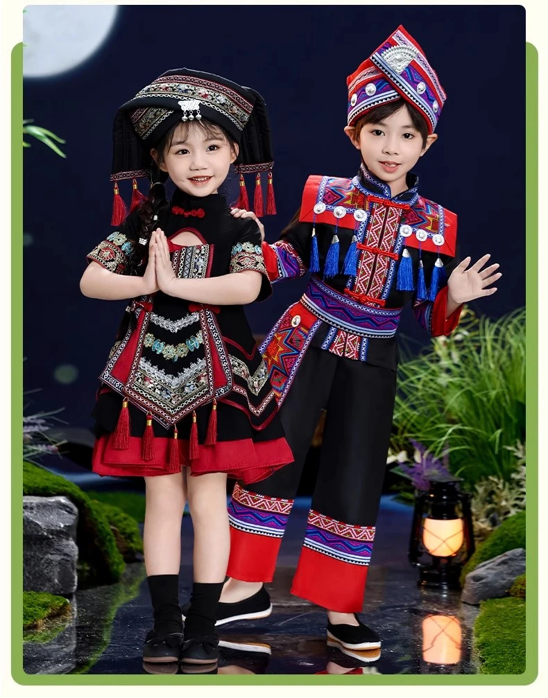 新款广西三月三儿童壮族长裙服饰苗族瑶族少数民族服装女童演出服