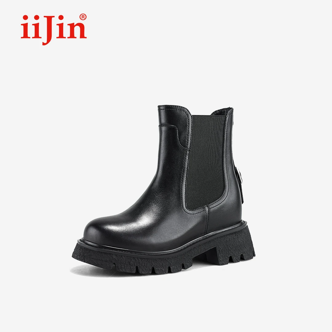 iiJin艾今25秋冬新品9.5cm厚底内增高超轻饰扣切尔西短靴女559VNA