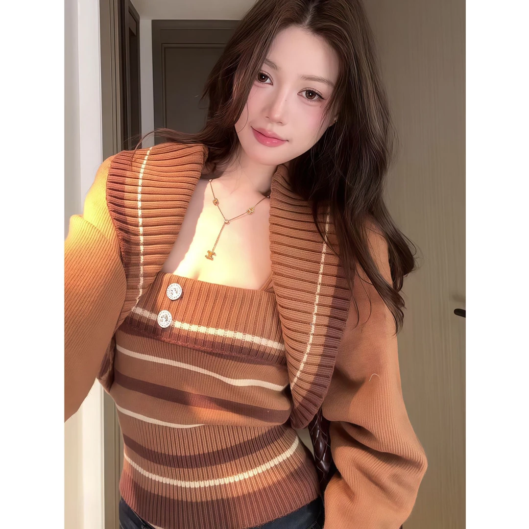 慵懒条纹吊带背心针织内搭女小香风翻领撞色毛衣开衫外套两件套装