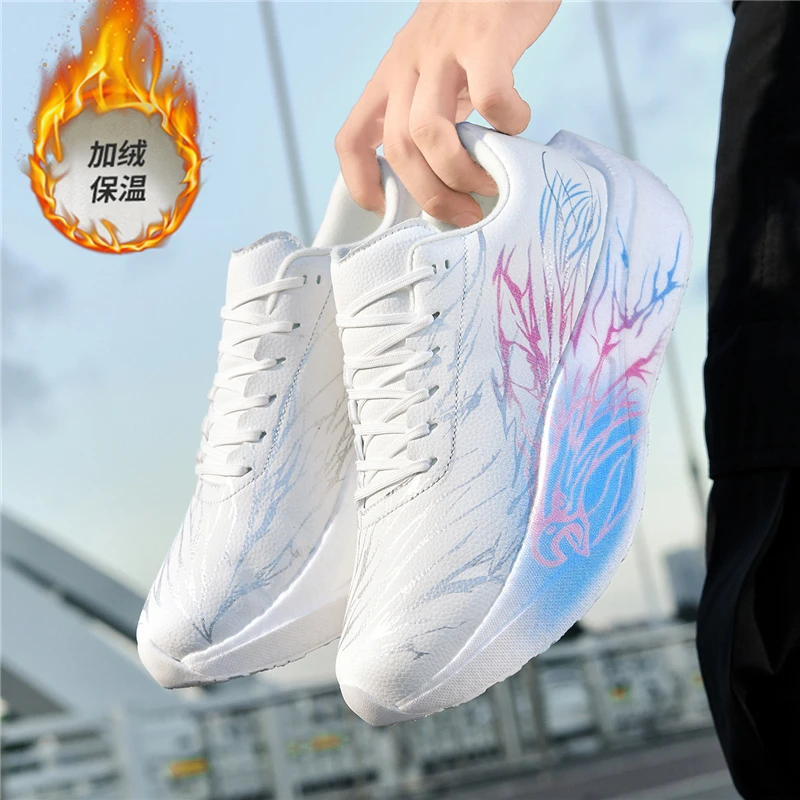 芷镜5.0男鞋子冬季新款学生运动鞋防水皮面加绒棉鞋专业跑步鞋女