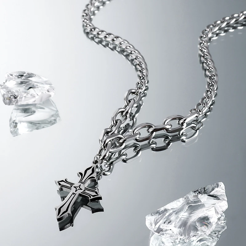 钛钢铅玻璃项链 钛钢十字架卫衣项链男潮嘻哈男士男款男生毛衣链