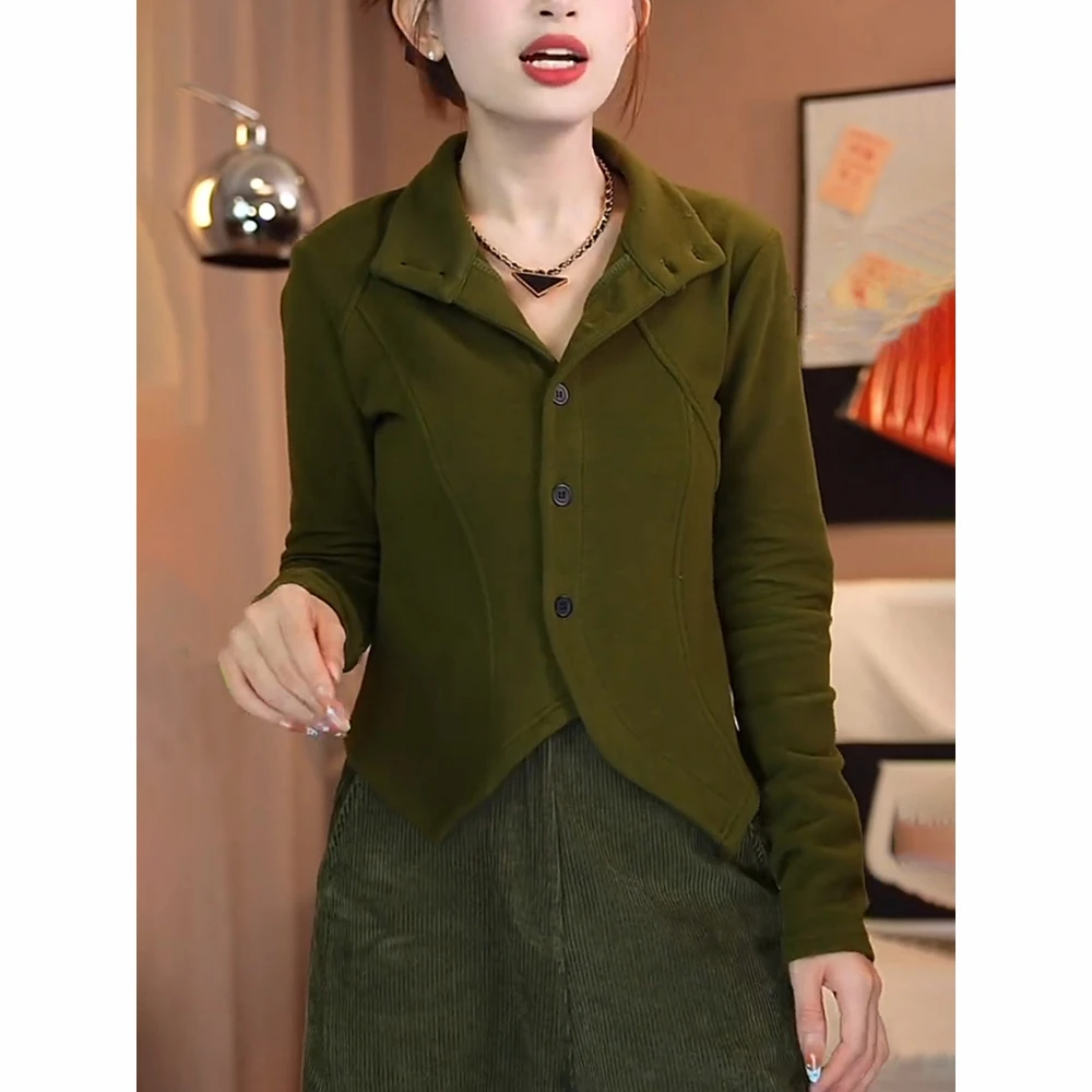 翻领德绒打底衫女士秋冬修身显瘦加绒加厚内搭不规则短款开衫上衣