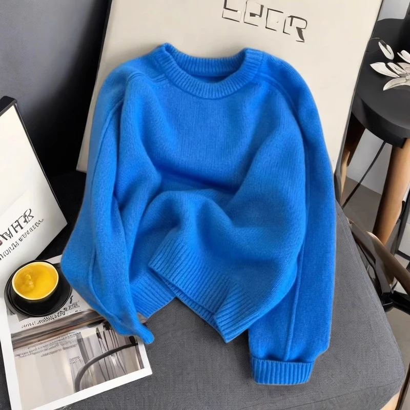 2025新款圆领套头针织衫超好看显瘦宽松上衣女蓝色打底衫女