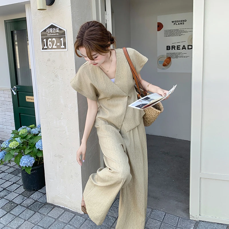 时尚减龄V领通勤风套装女夏新款高级感气质洋气阔腿裤无袖两件套
