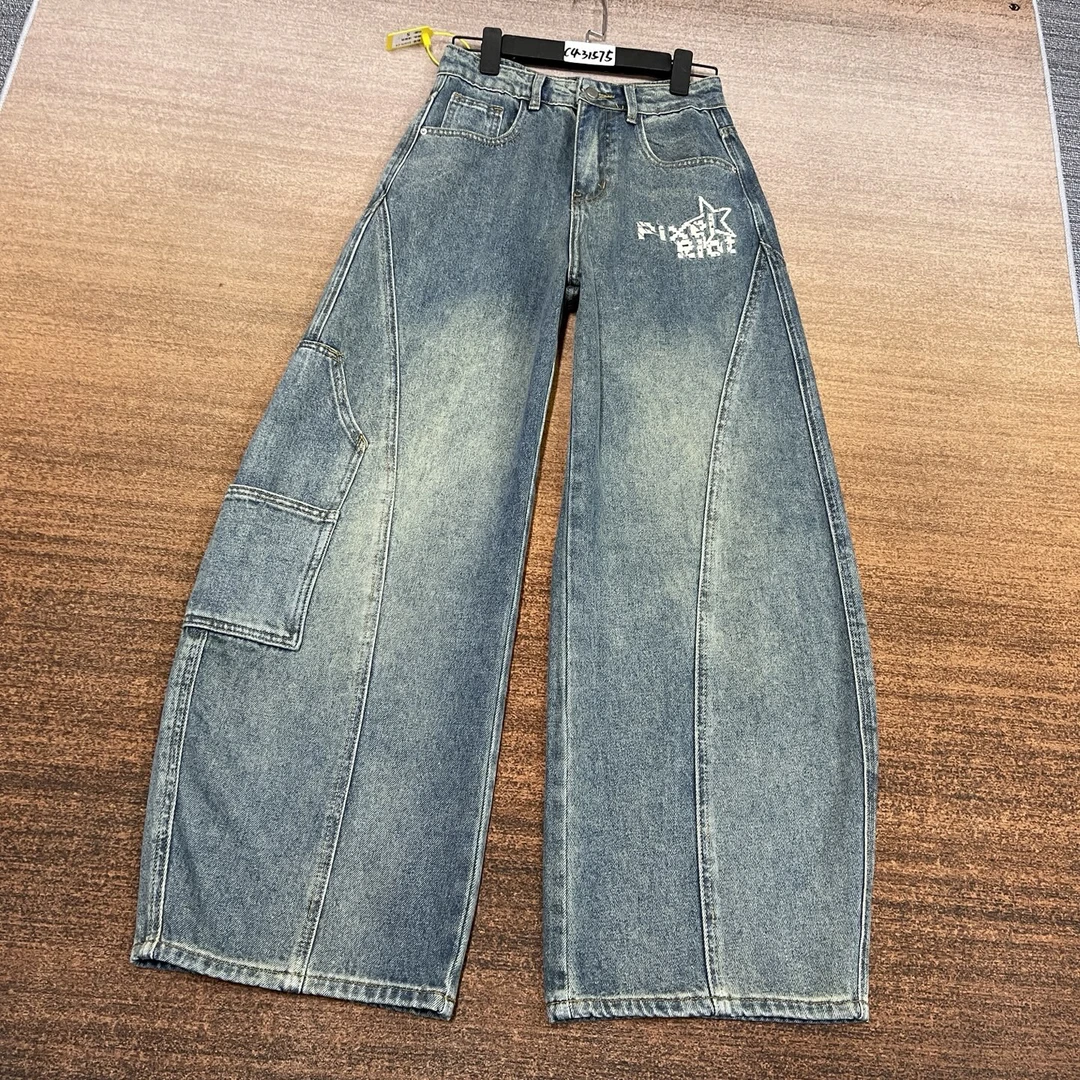 C4-31575 浅蓝色美式小众个性超酷拼接大版弯刀裤 无弹（不换退）