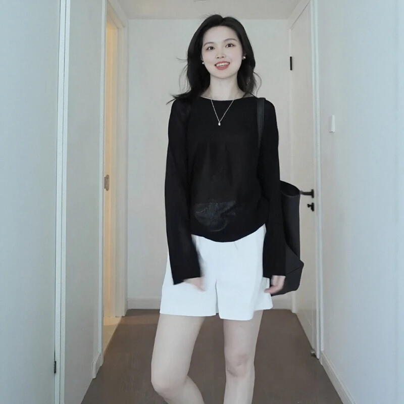 黑色长袖T恤女2025新款大码宽松休闲显瘦罩衫微透打底衫上衣薄款