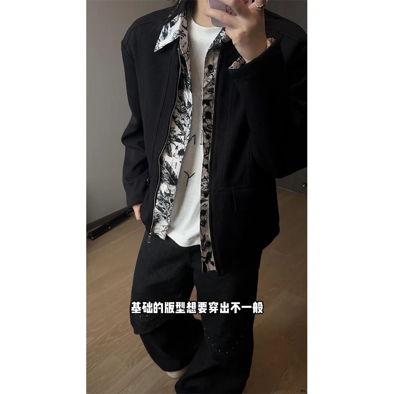 假两件水墨画新中式国风外套男春秋季设计感拉链cleanfit翻领夹克