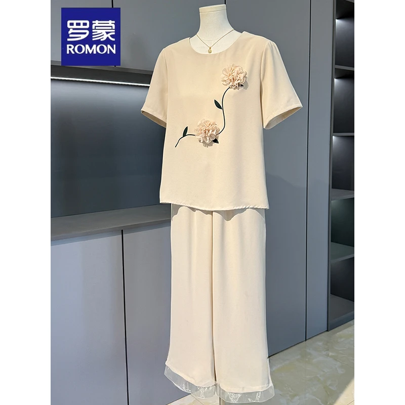 罗蒙2025新款妈妈夏装雪纺T恤小衫套装中老年女装休闲短袖两件套
