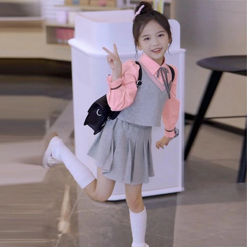 女童套装裙春秋装2025新款儿童洋气学院风上衣小女孩百褶裙两件套