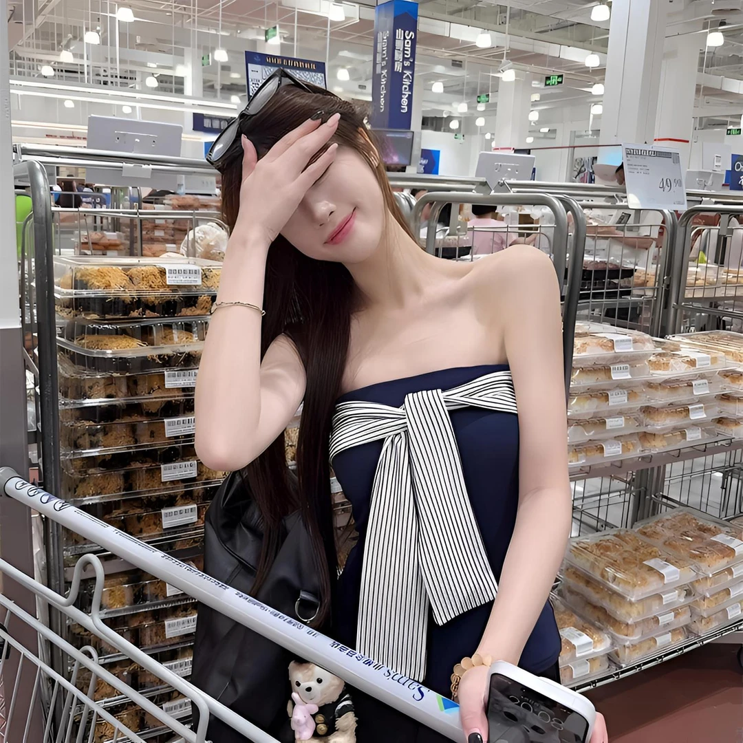 藏青露背条纹绑带背心女夏季新款拼接设计感抹胸吊带背心带胸垫