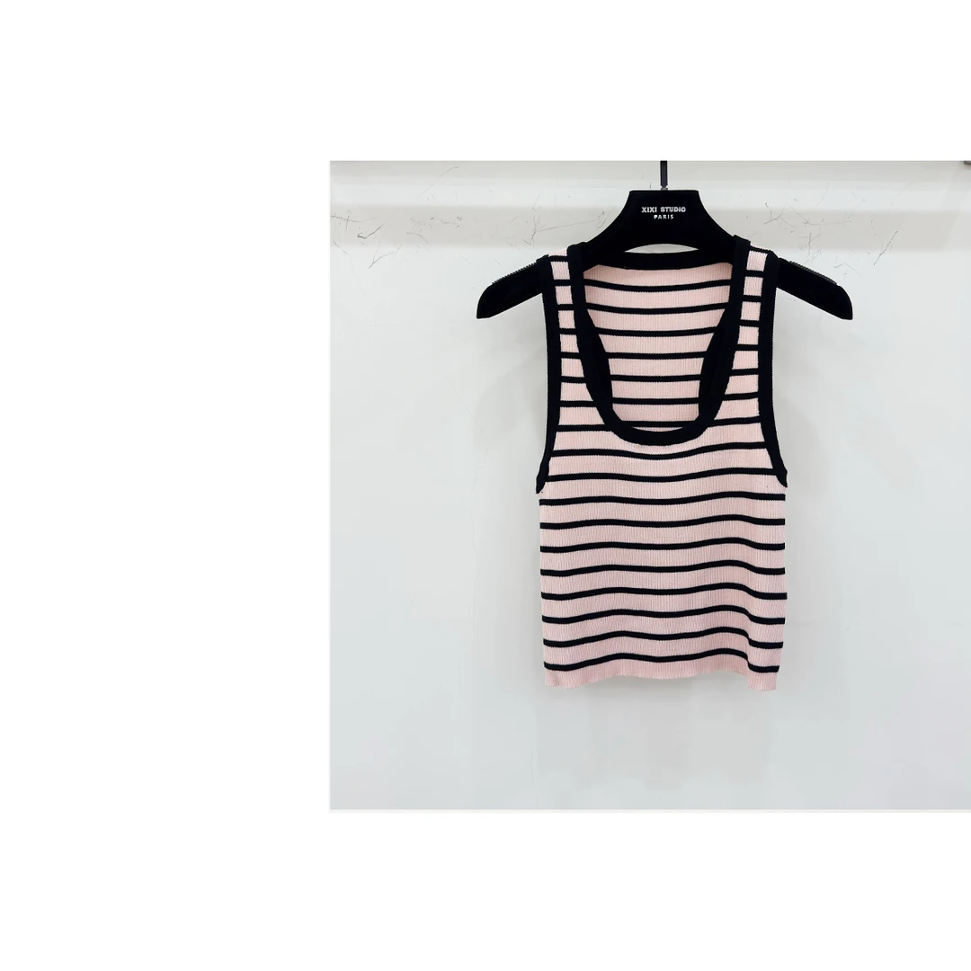 JIAYE CHAN夏季休闲百搭粉条纹U领背心上衣