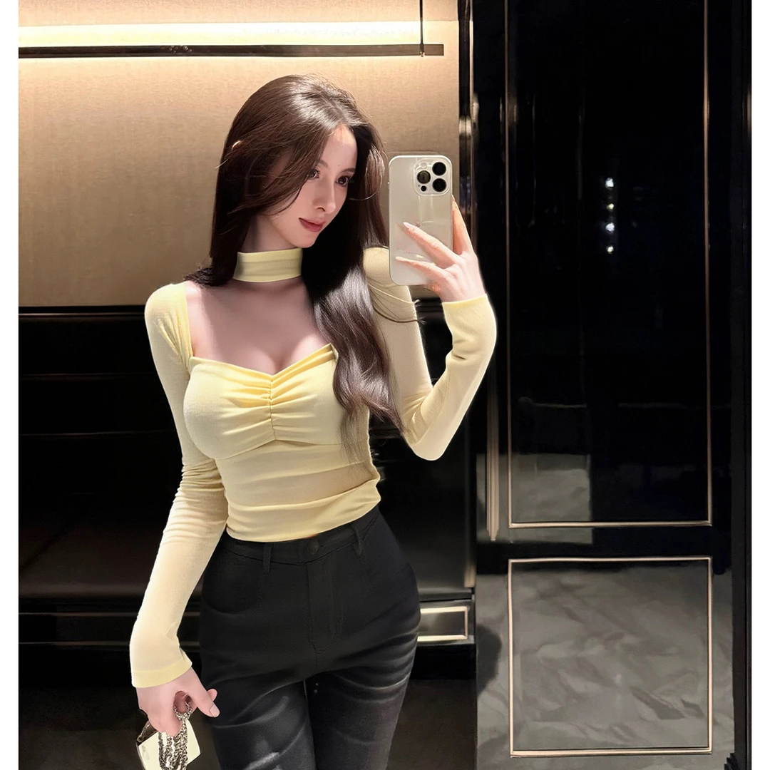 性感风V领挂脖长袖背心女2025秋新款多巴胺穿搭时髦显瘦纯欲上衣
