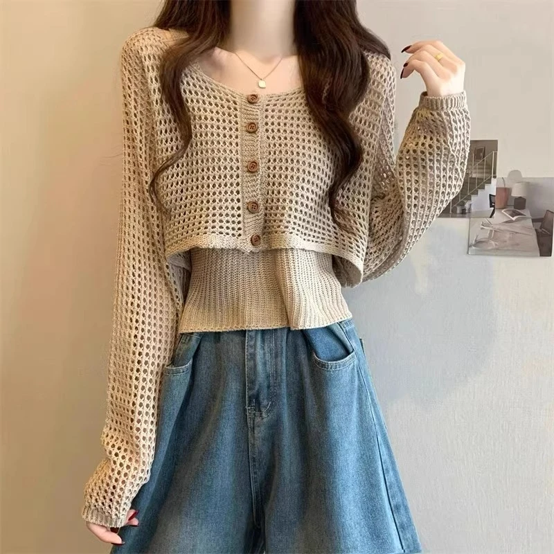 V领镂空针织吊带开衫叠穿两件套女开春穿搭短款长袖系上衣罩衫