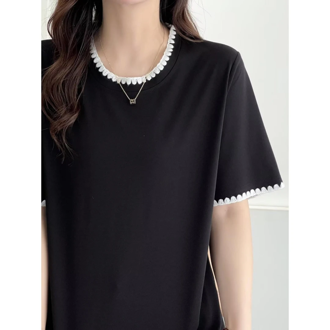 胖t肚子大码夏季200圆领斤针织宽松小短袖恤香风mm遮显瘦上衣撞色