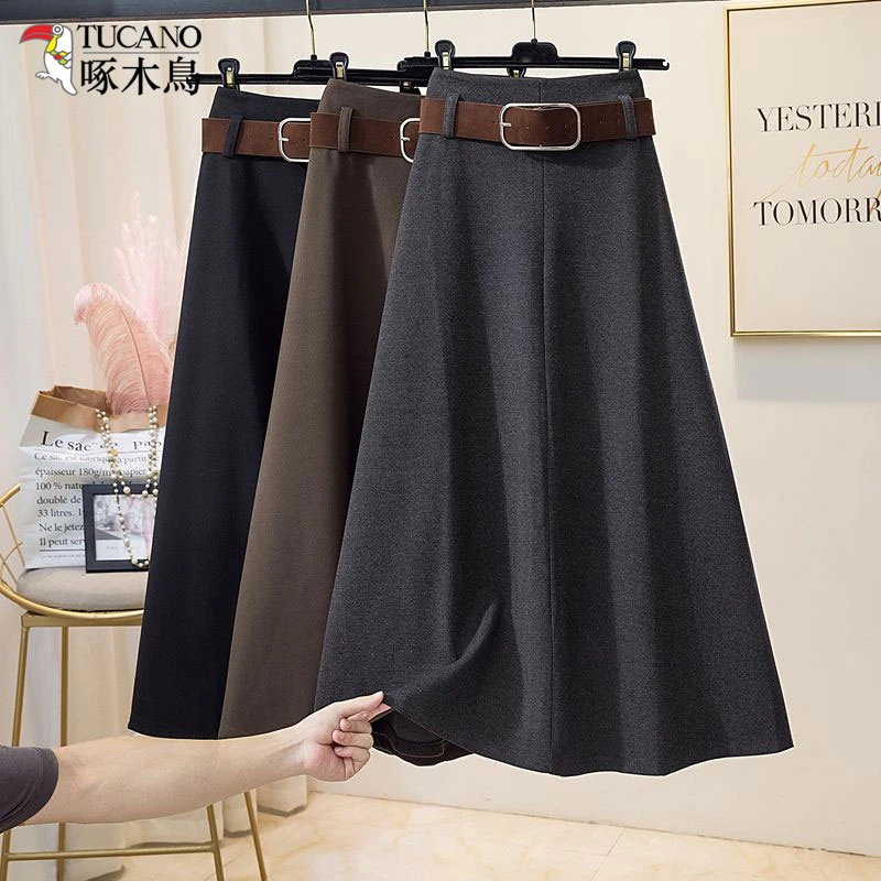 啄木鸟垂感毛呢半身裙女秋冬季新款高腰显瘦休闲百搭a字长款伞裙