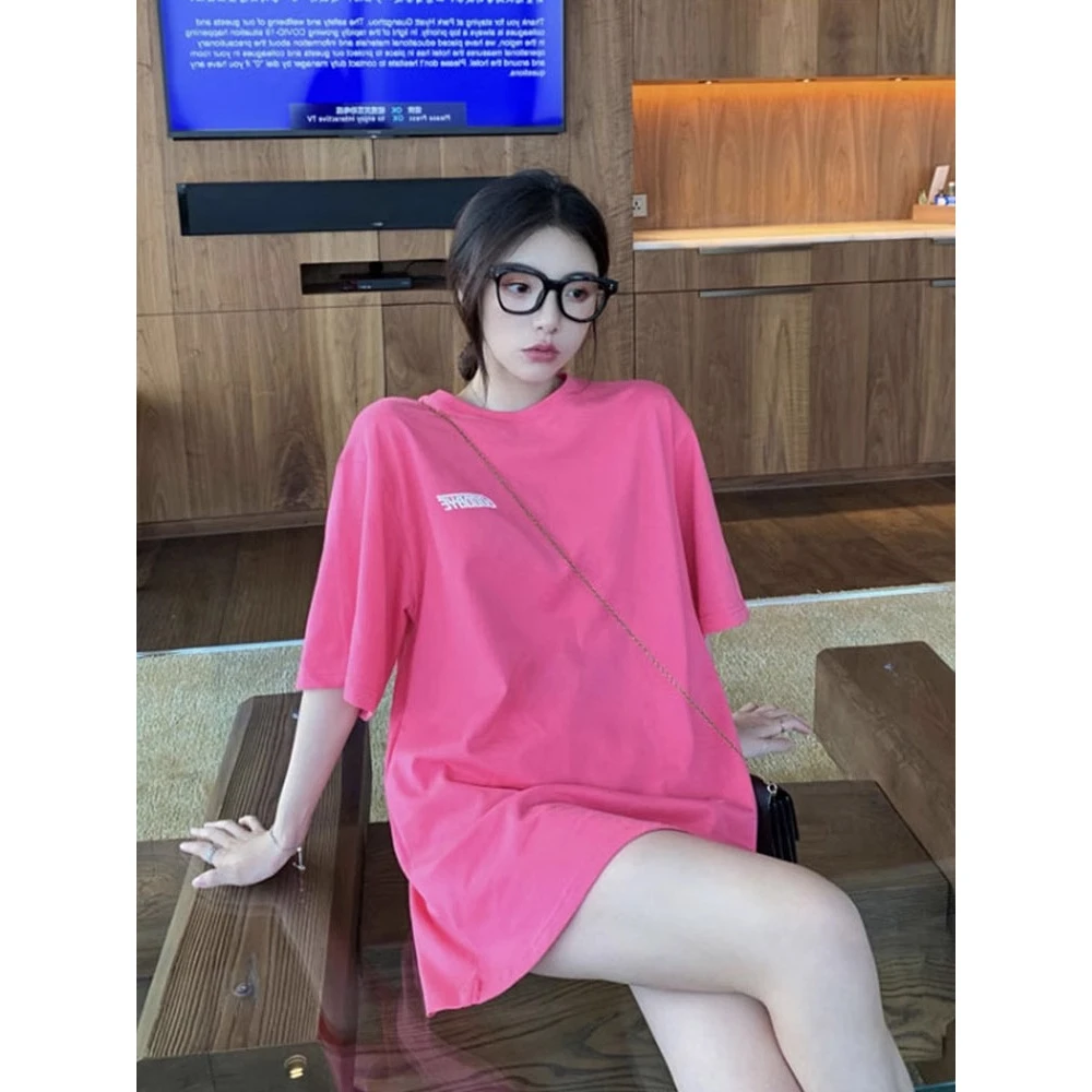 欧货大版粉色字母印花短袖T恤女2025夏季新款韩版宽松休闲遮屁股