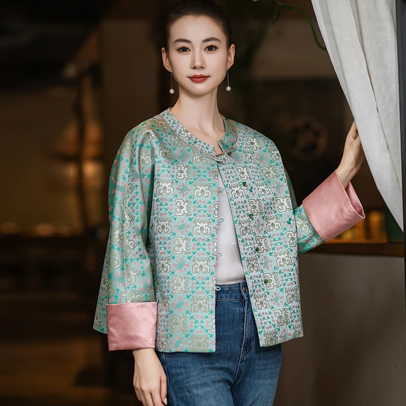 新中式宋锦外套女2025秋款圆领复古时尚宽松提花上衣