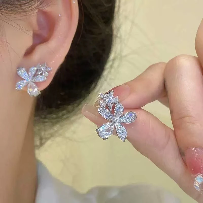 黄铜合成锆石耳饰 清新甜美超闪锆石花朵耳钉精致小巧简约耳环