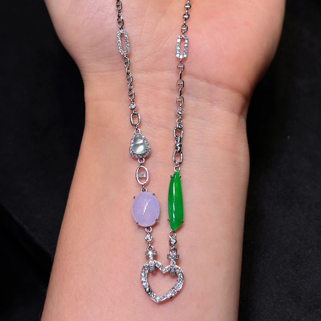 天然缅甸翡翠A货18k金镶嵌满绿随形紫葫芦万能链