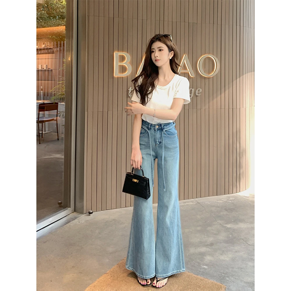 小个子不贴腿微喇裤女2025春季新款高腰显瘦通勤浅蓝拖地牛仔长裤