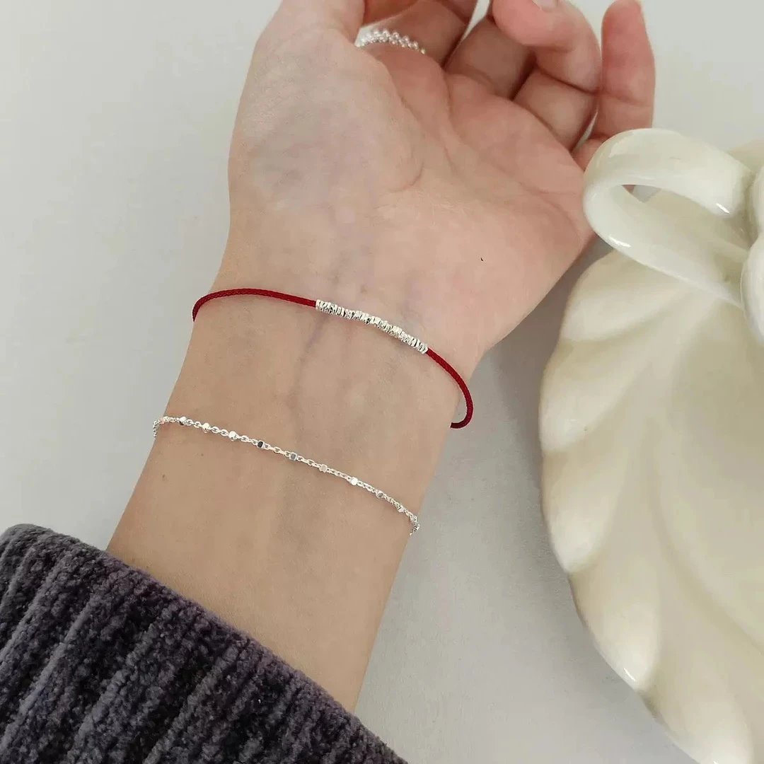 足银手链 新款-四方来福碎碎平安红绳不掉色可调节足银手工手链