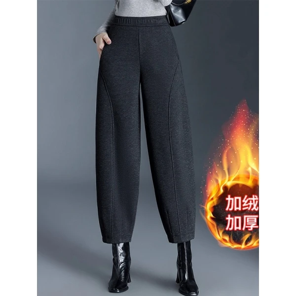 拉夏贝尔加绒加厚羊毛呢萝卜裤女2025秋冬显瘦直筒休闲垂感九分裤