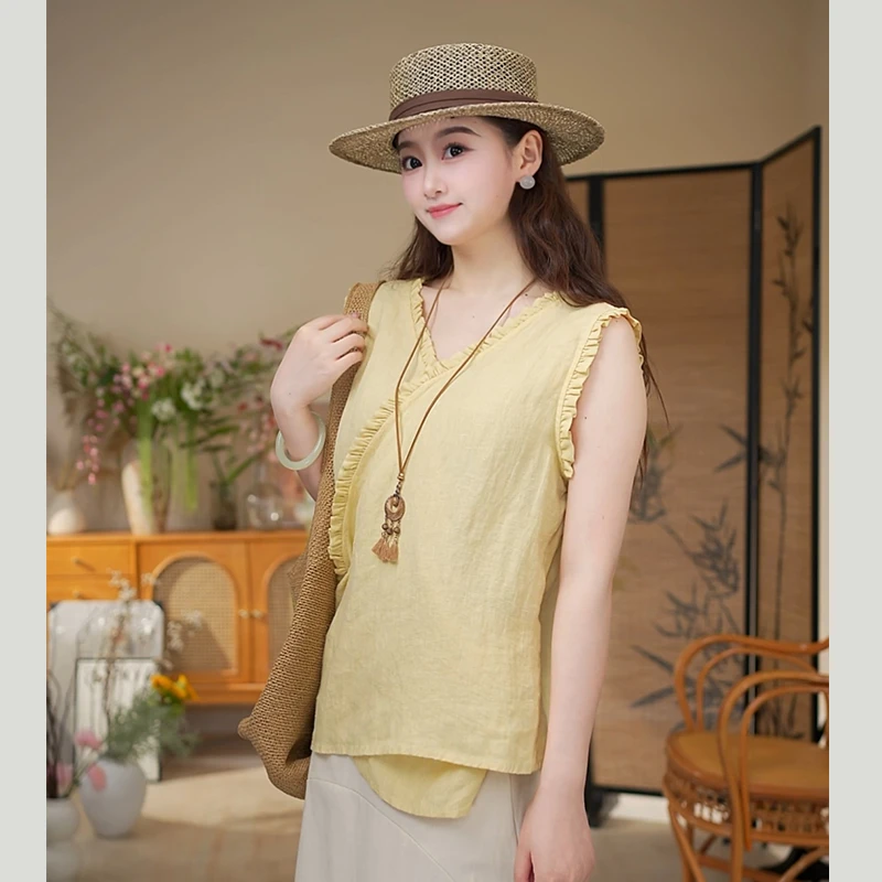 亚麻-韩版百搭小众V领木耳边显瘦简约无袖背心-W1345