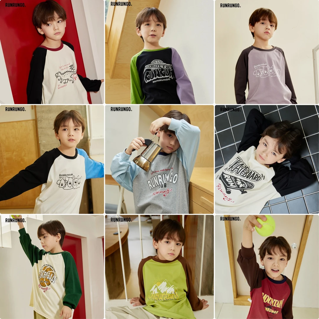 Runrungo【雪山之巅】儿童插肩T恤男女童秋季印花打底衫开学必备