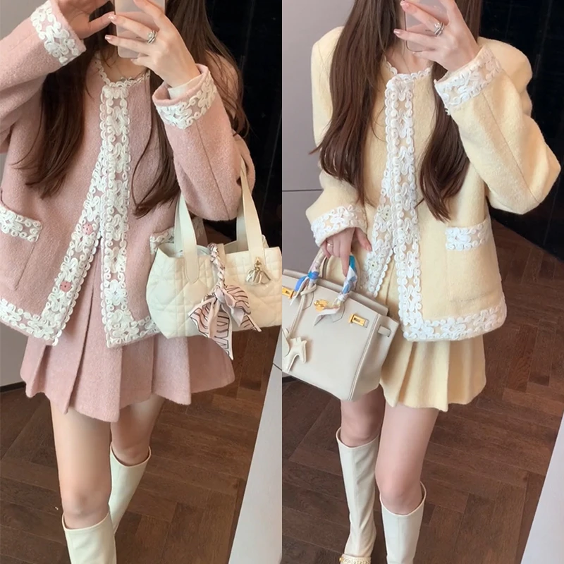 【mimius】游鹿鹿 鹅绒小香拼接蕾丝外套+百褶裙裤 汉服 F10020