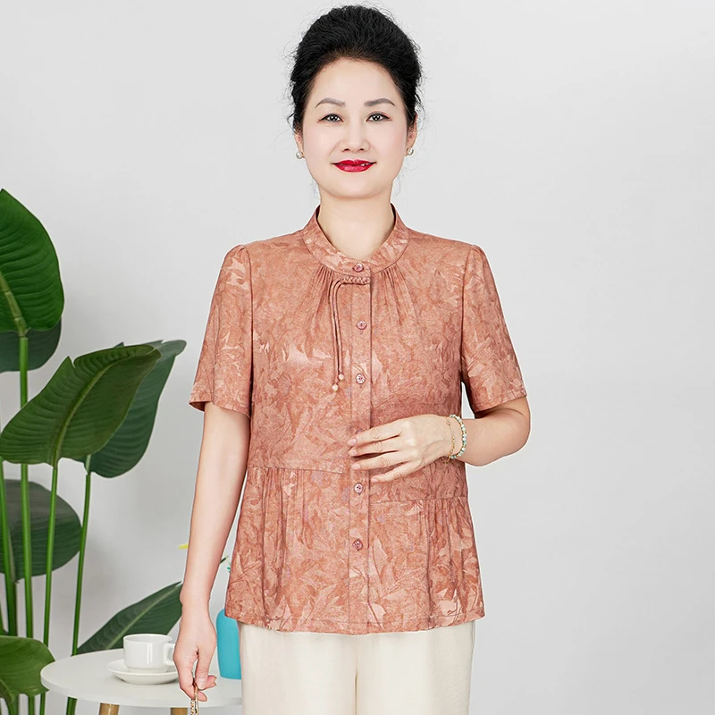 美学家妈妈夏装洋气上衣新中式国风短袖气质衬衫女装B25860