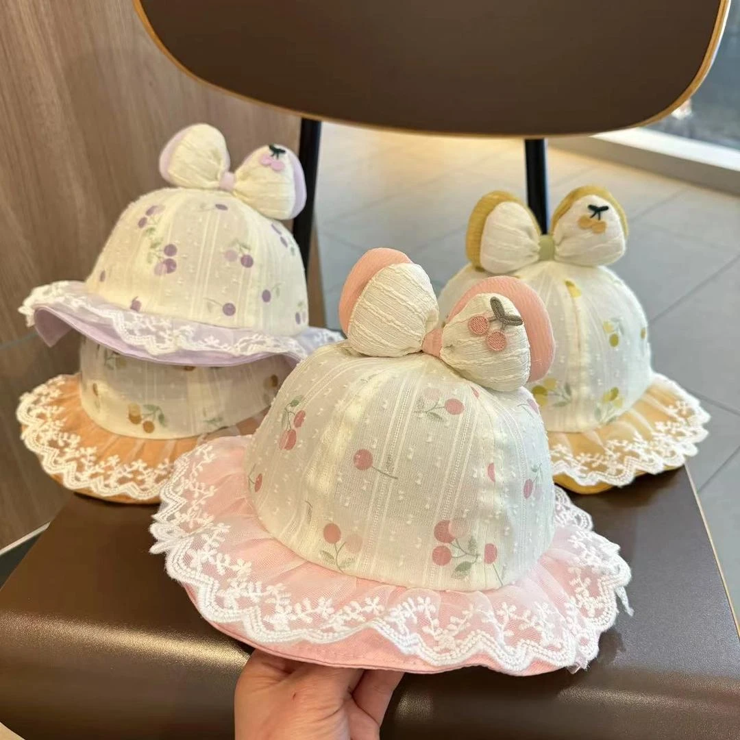 宝宝帽子婴幼儿公主渔夫帽春夏薄款蝴蝶结蕾丝婴儿女童遮阳盆帽萌