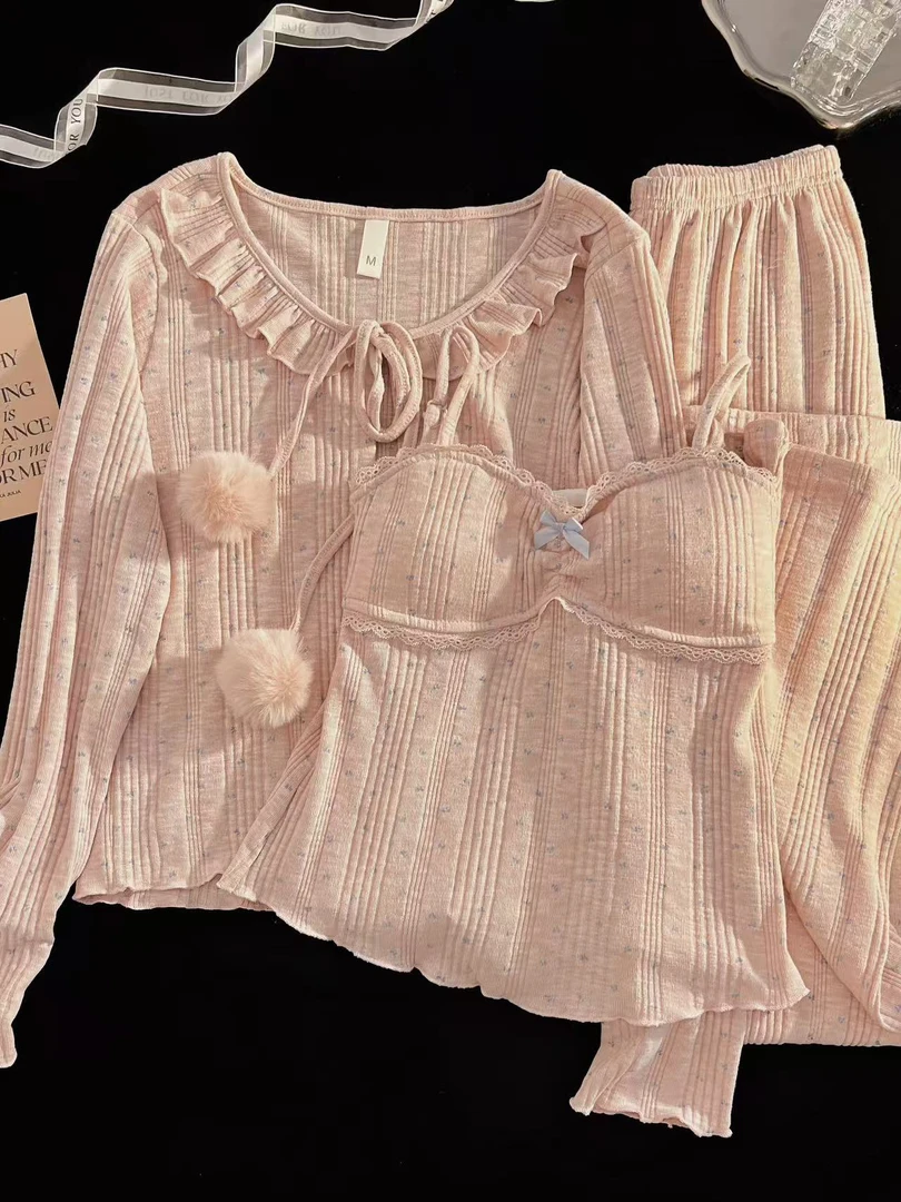 2025年新款甜心粉代尔棉睡衣女春秋季甜美吊带三件套带胸垫家居服