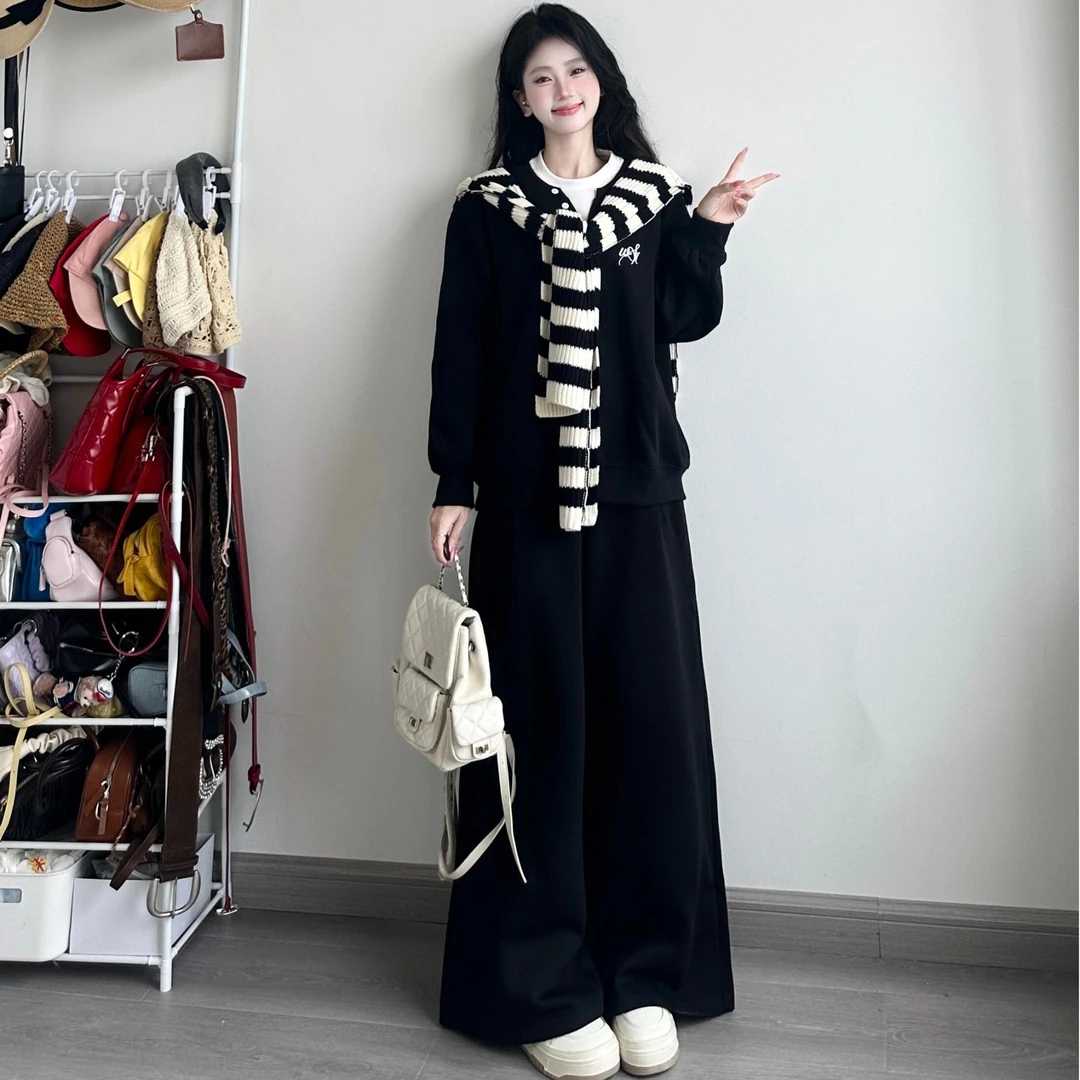 早秋休闲运动黑色卫衣假两件学院风套装女韩系通勤百搭显瘦高级感