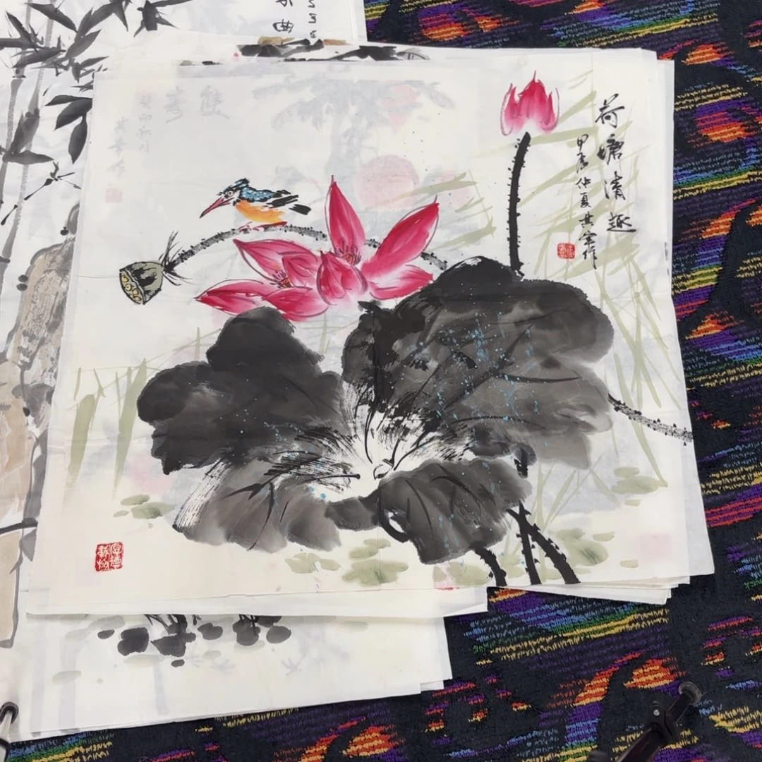 国画斗方花鸟作品童