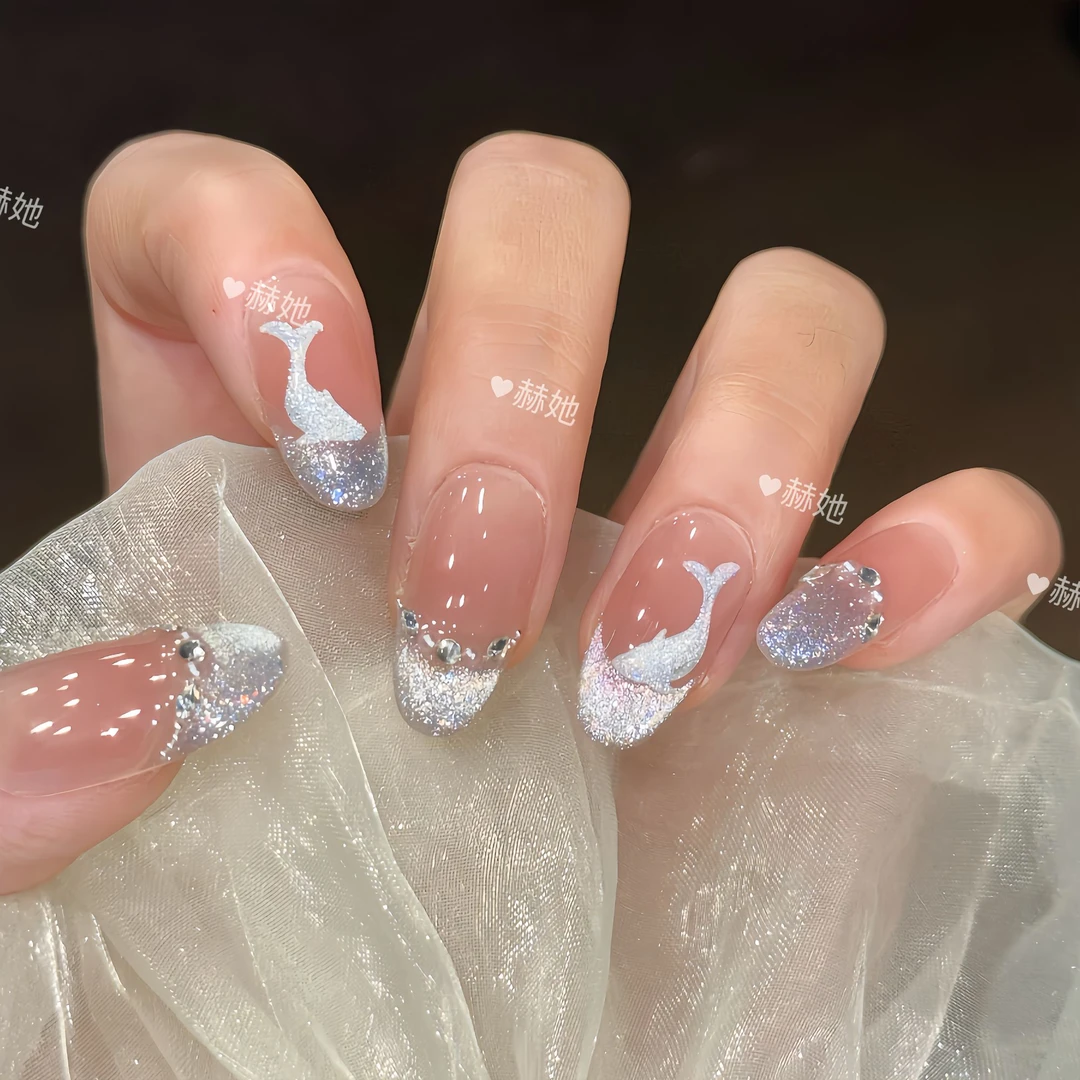 【海豚载梦】爆款裸色法式爆闪海豚气质温柔仙气风 纯手工穿戴甲