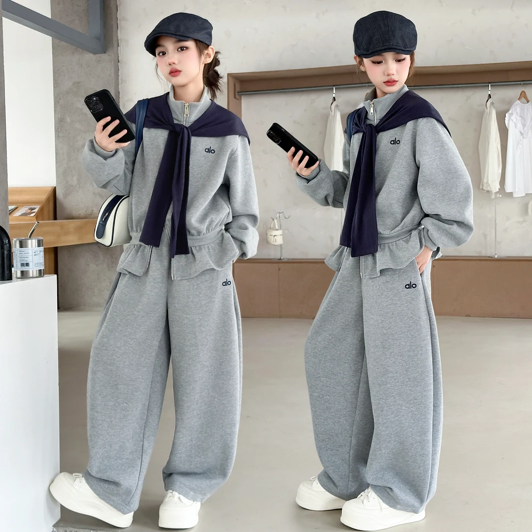 女童披肩卫衣春秋2025新款立领上衣阔腿裤大儿童运动休闲两件套装