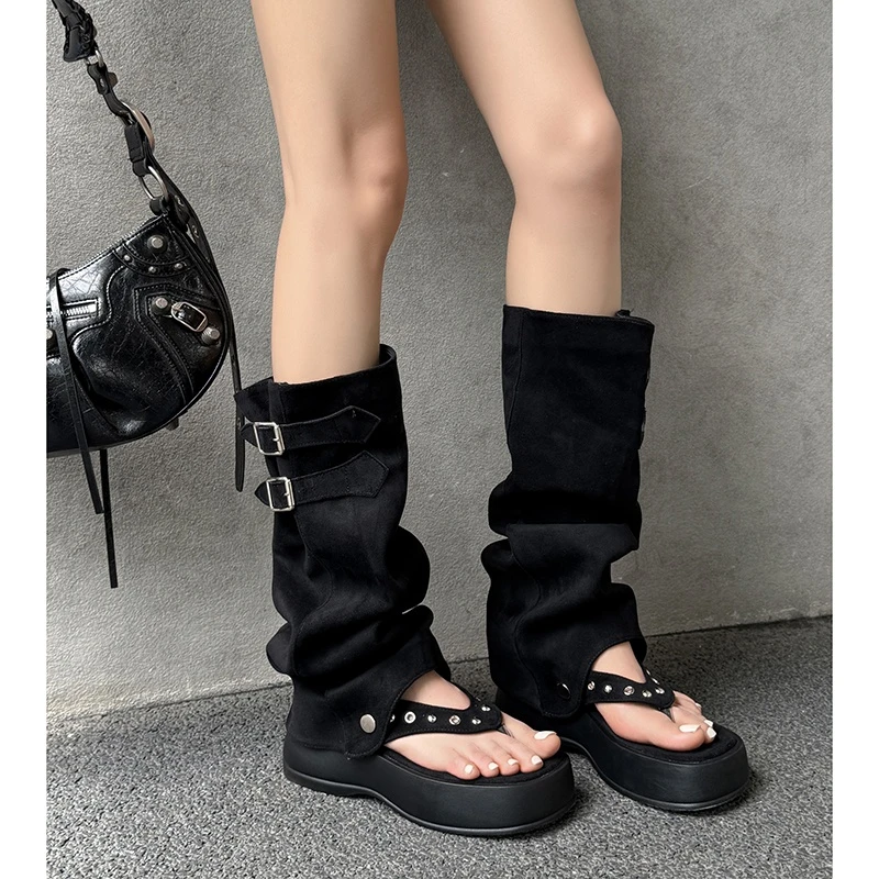 两穿夹趾凉鞋长筒靴女2025春夏新款薄厚底增高人字拖裤管堆堆长靴