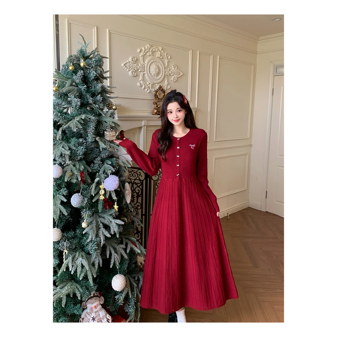 大码女装胖mm秋冬季新款韩系过年圣诞红色收腰显瘦内搭针织连衣裙