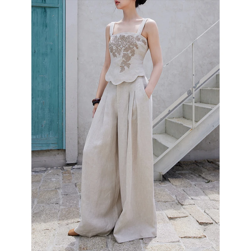 设计师手绘｜重磅色织亚麻料｜修身背心 大阔腿裤z