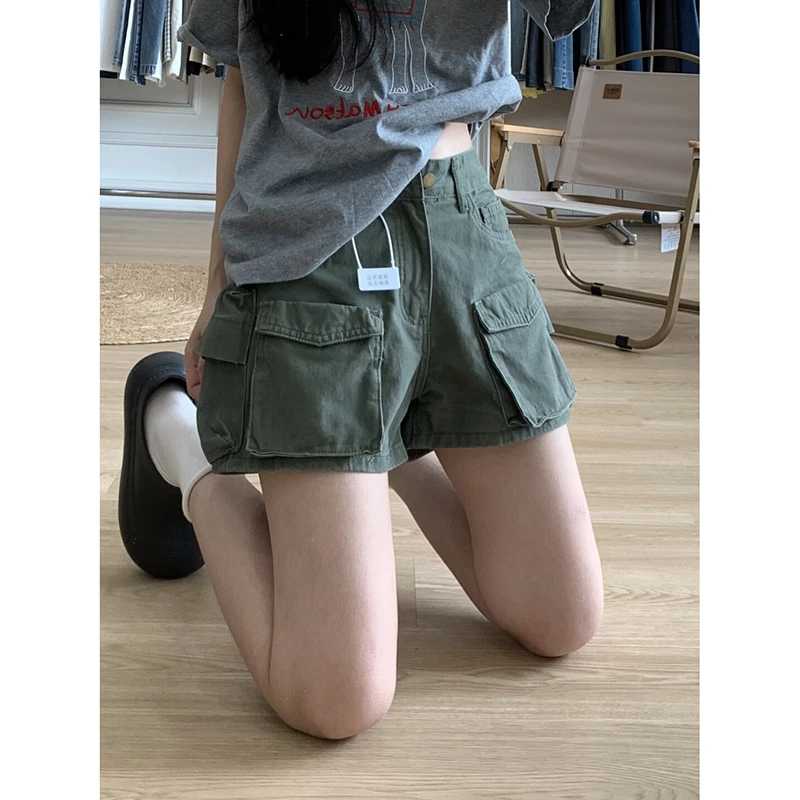 复古军绿色多口袋工装短裤女夏季设计感宽松百搭美式牛仔阔腿热裤