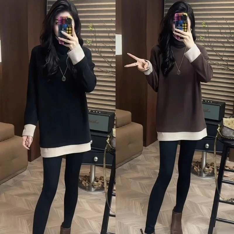 假两件撞色双面德绒T恤女冬加厚新款时尚半高领中长款打底衫上衣