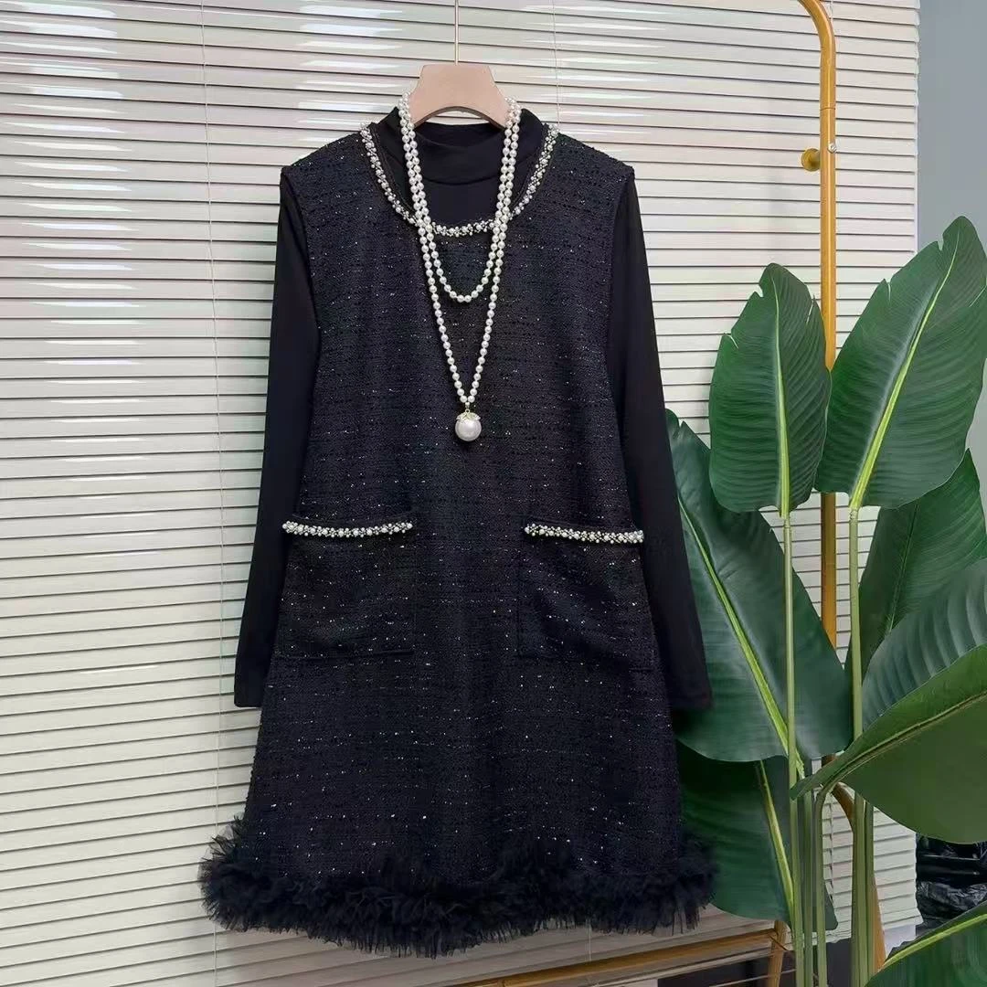 香风马甲长袖打底连衣裙套装显瘦两件套遮肚秋冬大码女装时尚气质