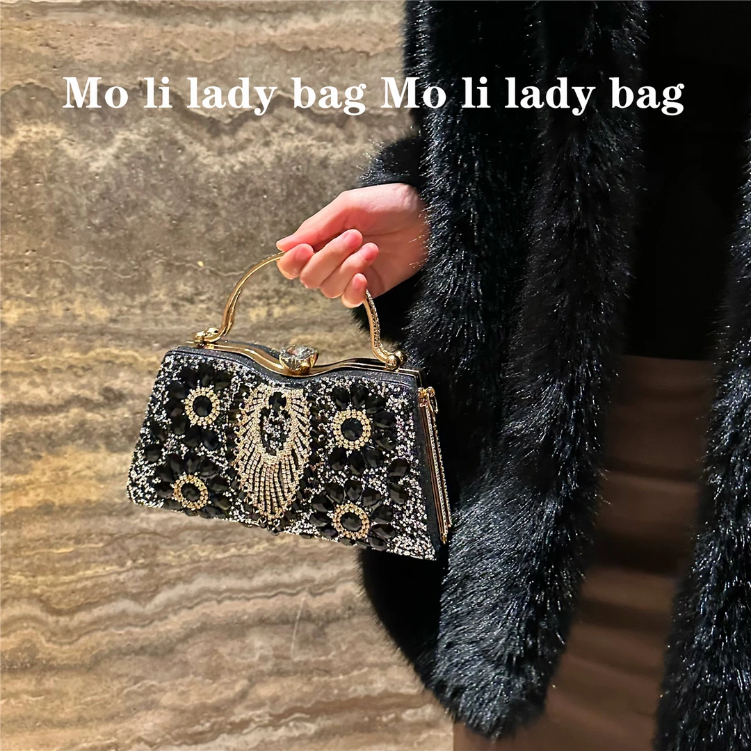 【法式巴洛克】千金风黑宝石雕花晚宴手工镶钻宝石盒子包缎面手提包