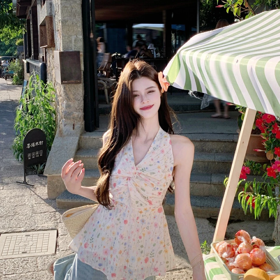 555法式碎花刺绣挂脖夏季吊带背心印花女设计感小众露背外穿上衣