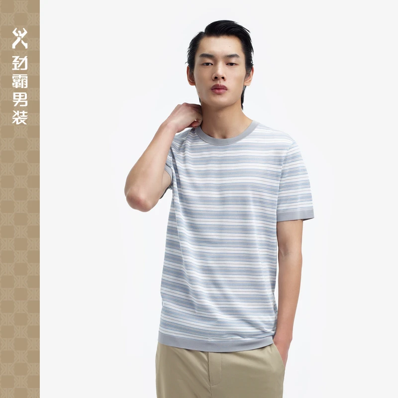 易打理条纹桑蚕丝T恤休闲夏季圆领半袖男款上衣|BTLE2967