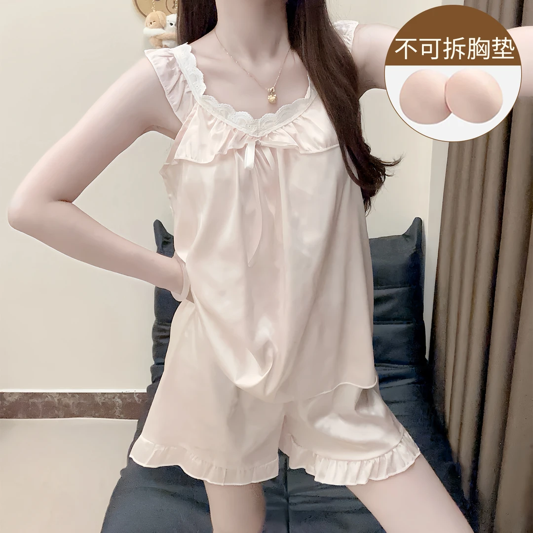 睡衣女士夏季2025新款带胸垫吊带凉感冰丝薄款蕾丝花边家居服套装