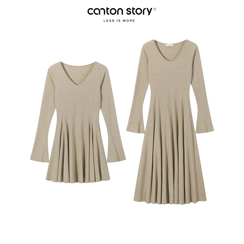 羊城故事-V领修身微喇袖口简约高级连衣裙软糯长裙Y41247844HJ