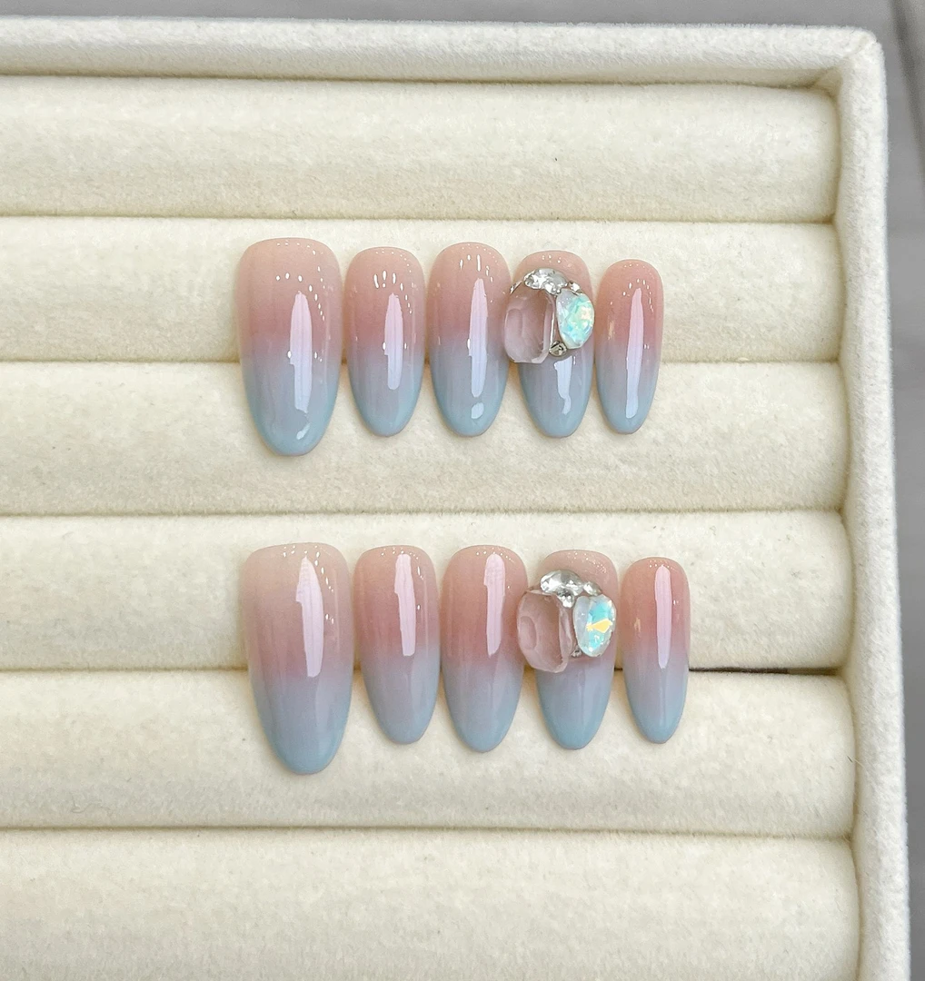 【薄荷曼绿】珍珍手工穿戴甲春夏小清新氛围感蓝绿色渐变可拆卸美甲