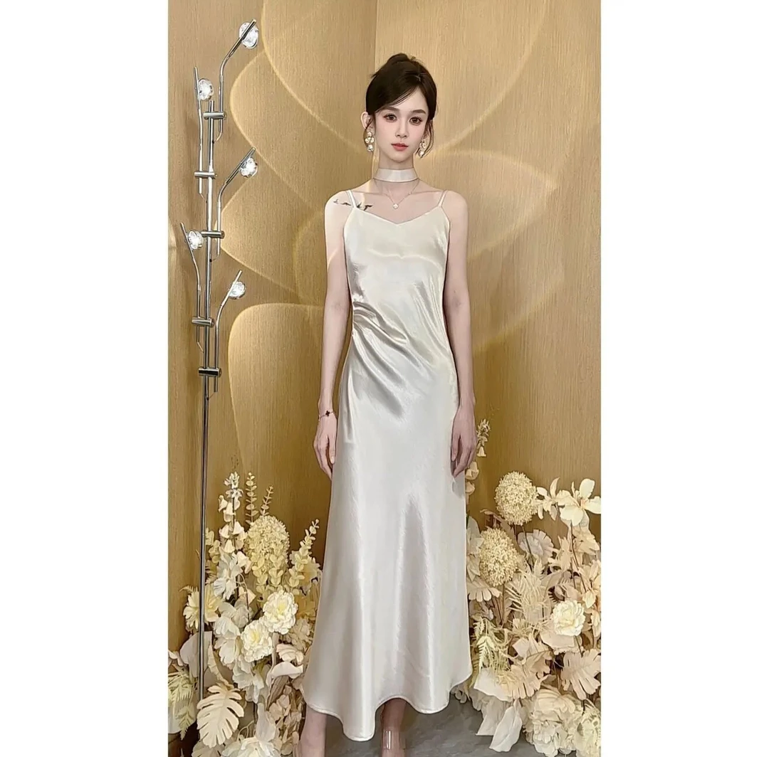 【肩带可调＋送飘带】鎏金缎面鱼尾裙轻奢高级设计感气质显瘦连衣裙