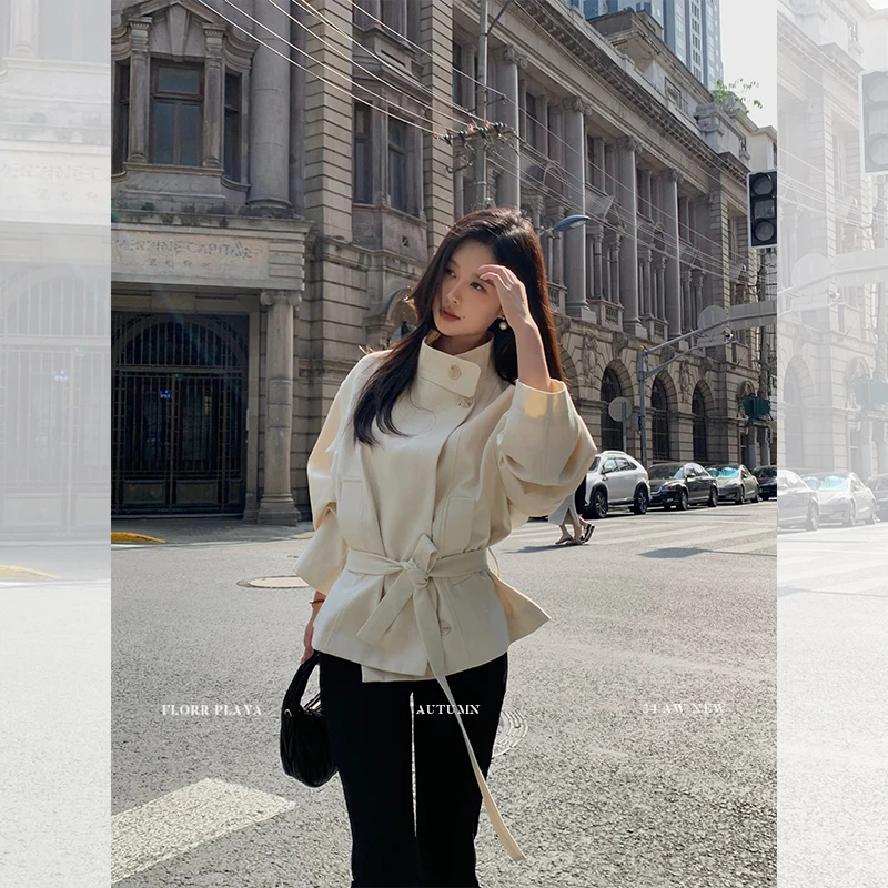 LOSA ROSA白色立领短款风衣女春秋收腰宽松英伦风廓形外套F517